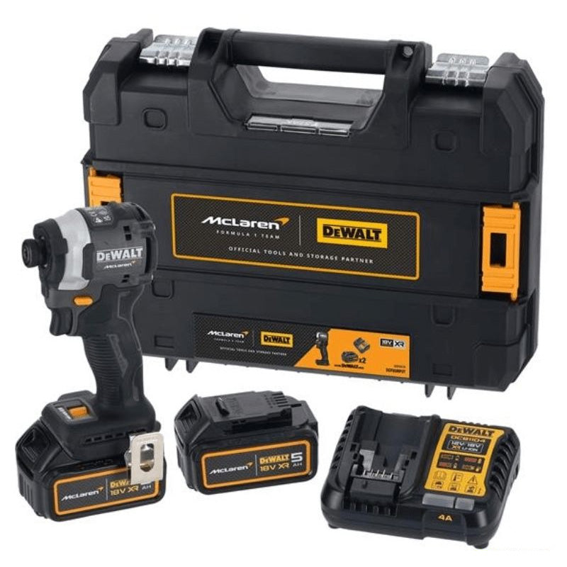 Visseuse À Chocs Ultra Compacte XR 18V 5Ah Brushless DCF85MP2T-QW Édition Limitée McLaren Livrée Avec 2 Batteries 5Ah Li-Ion, 1 Chargeur en Coffret TSTAK