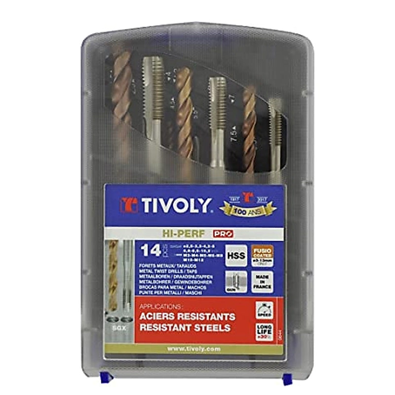 Tivoly 14 pièces - 7 tarauds HSS GUN DIN 371/376 M3 à M12 + 7 forets HSS FURIUS revêtus Fusio TECHNIC