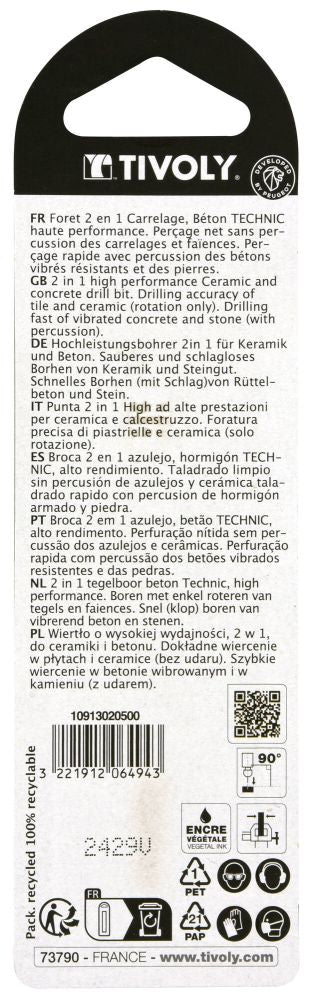 Tivoly   1 Foret Béton-Carrelage 2 en 1 Technic, Rouge, Ø 5 mm