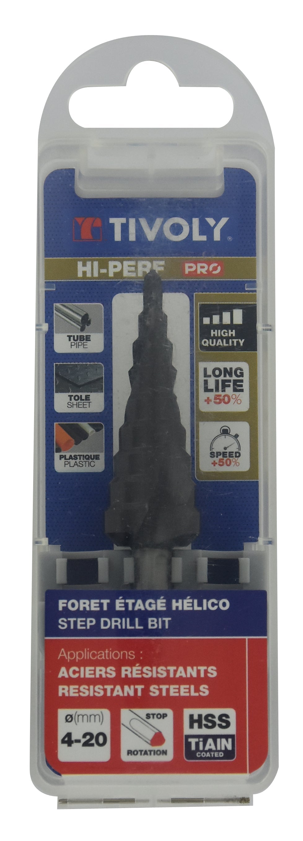 Tivoly   Foret conique étagé HSS -Revêtu TiAlN -TivolyNorm -Hélicoïdal -Pointe en croix -Queue à 3 méplats (Boite brochable) / ØMin/Max : 4/20
