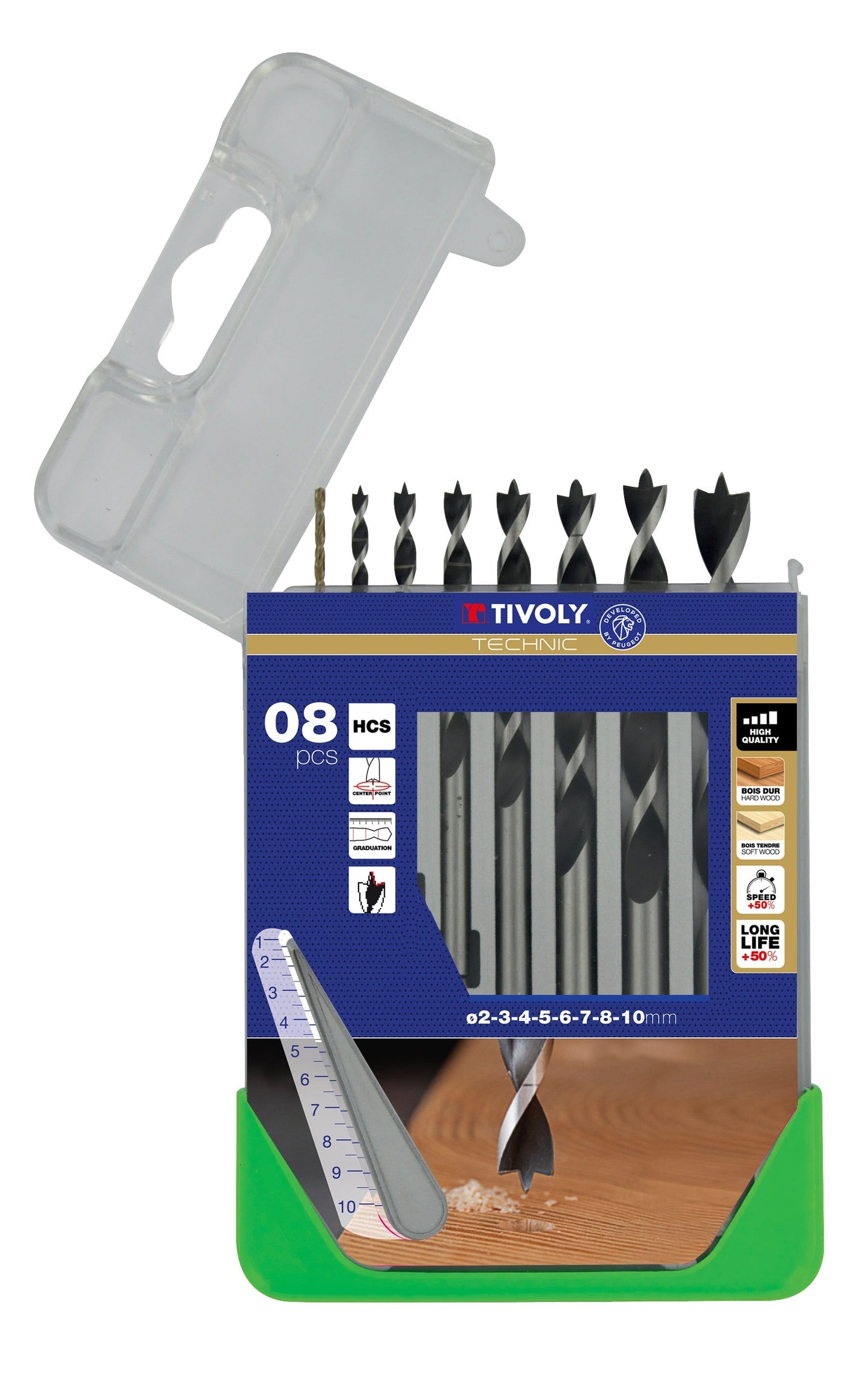 Tivoly   Coffret 8 forets bois 3 pointes gradués SLR Ø 2 à 10mm