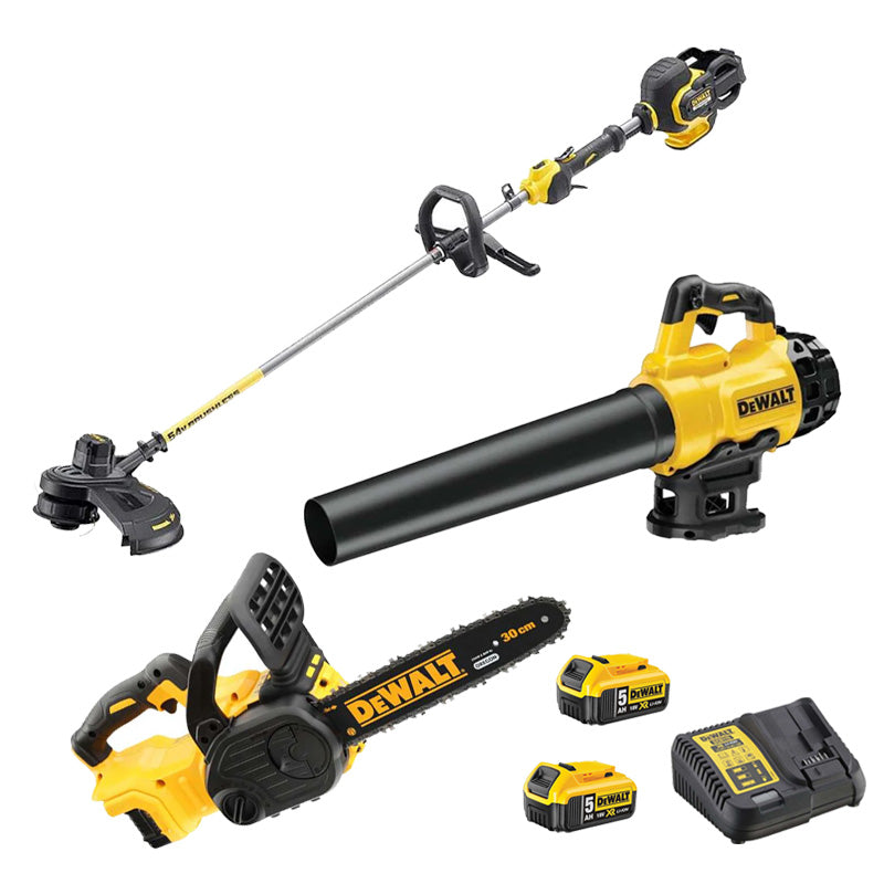 Pack 3 outils DEWALT Débrousailleuse + Tronçonneuse + Souffleur + 2 batteries + chargeur