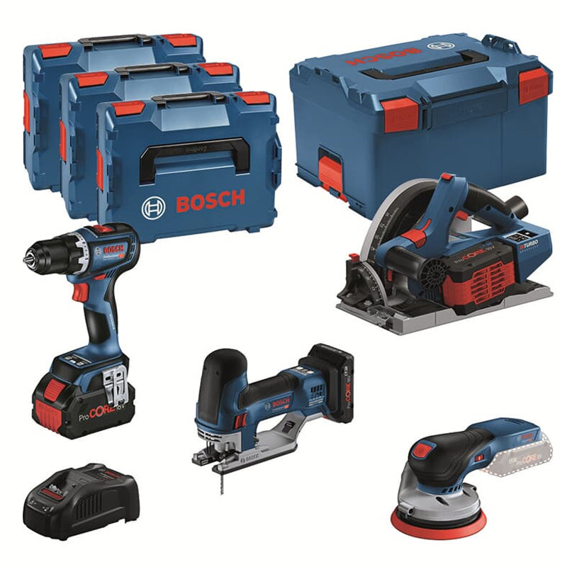 Pack 4 outils 18V BOSCH  : GSR 18V-90C + GKT 18V-52GC + GST 18V-155 SC+ GEX 18V-125 + 1 batterie 4,0 Ah (ProCORE) + 2 batteries 5,5 Ah (ProCORE) + GAL 1880CV (L)