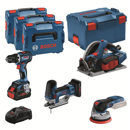 Pack 4 outils 18V BOSCH  : GSR 18V-90C + GKT 18V-52GC + GST 18V-155 SC+ GEX 18V-125 + 1 batterie 4,0 Ah (ProCORE) + 2 batteries 5,5 Ah (ProCORE) + GAL 1880CV (L)