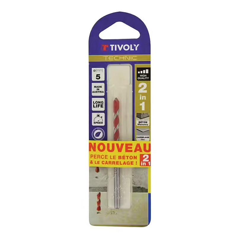 Tivoly   1 Foret Béton-Carrelage 2 en 1 Technic, Rouge, Ø 5 mm