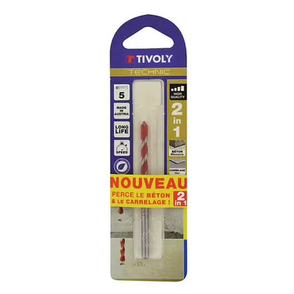 Tivoly   1 Foret Béton-Carrelage 2 en 1 Technic, Rouge, Ø 5 mm