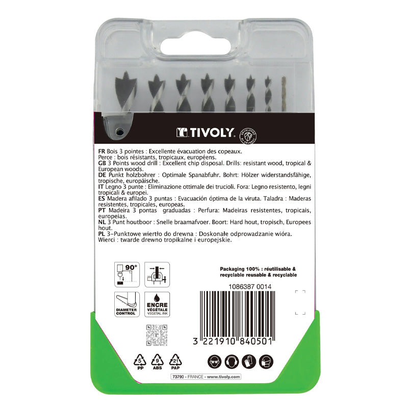 Tivoly   Coffret 8 forets bois 3 pointes gradués SLR Ø 2 à 10mm
