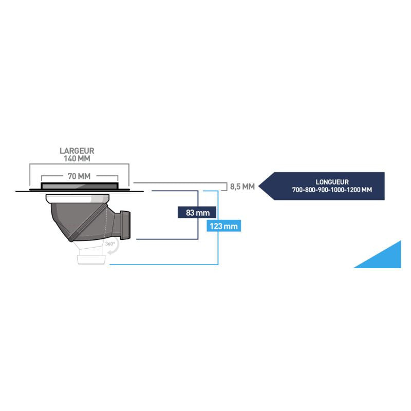 Caniveau de sol à maçonner 70cm MARMOX LD70 - Siphon 360° vertical/horizontal - Acier inoxydable