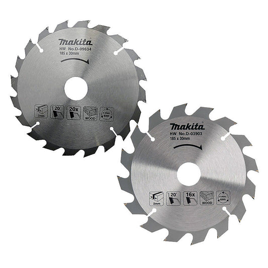 Lot de 2 lames carbure bois MAKITA D-20052 185x30mm, 16/20 dents, pour scies circulaires