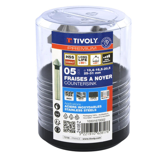 Tivoly   Coffret 5 fraises à noyer HSSE5% cobalt DIN335C à 90° Ø 10,4 à 31 mm PREMIUM