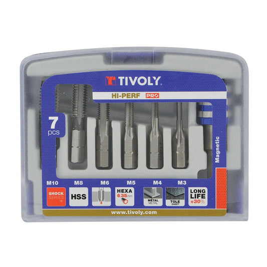 Tivoly   7 pièces - 6 tarauds HSS queue hexagonale M3 à M10 -Porte-embout Quick change