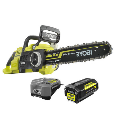 Tronçonneuse Brushless RYOBI RY36CSX35A-150 36V - Guide 35cm - 21 m/s - tendeur sans outil - 1 batterie lithium+ 36V 5,0 Ah et 1 chargeur 1,7 A